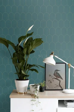 ESTAhome papier peint art déco bleu canard et or - 53 cm x 10.05 m - 139205