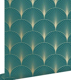 ESTAhome papier peint art déco bleu canard et or - 53 cm x 10.05 m - 139230