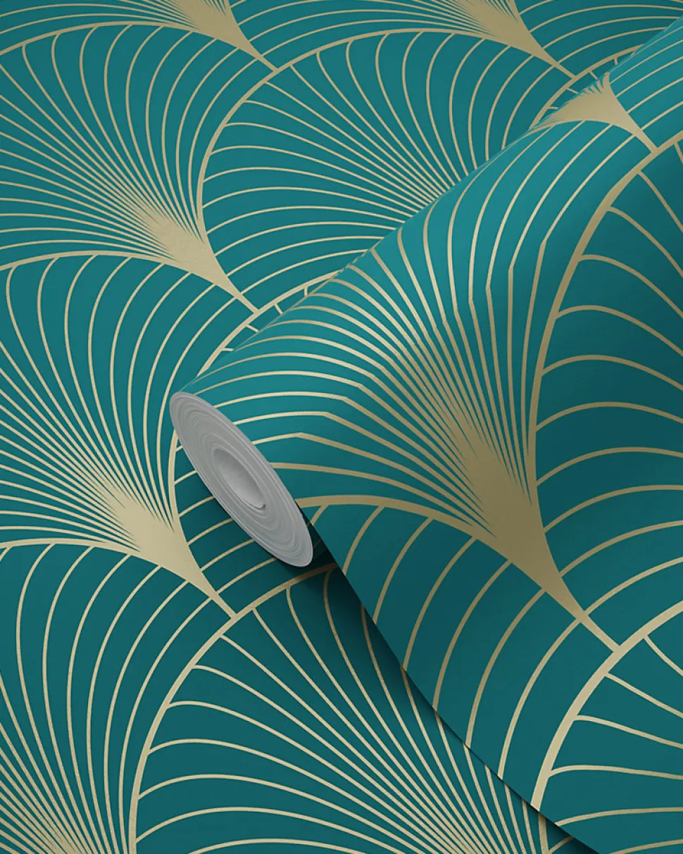 ESTAhome papier peint art déco bleu canard et or - 53 cm x 10.05 m - 139230