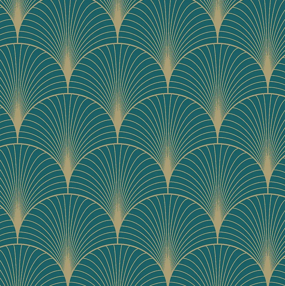 ESTAhome papier peint art déco bleu canard et or - 53 cm x 10.05 m - 139230