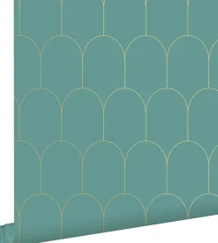 ESTAhome papier peint art déco bleu canard et or - 53 cm x 10.05 m - 139204
