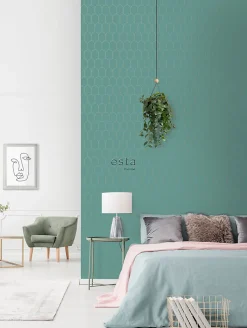 ESTAhome papier peint art déco bleu canard et or - 53 cm x 10.05 m - 139204