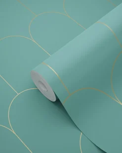 ESTAhome papier peint art déco bleu canard et or - 53 cm x 10.05 m - 139204
