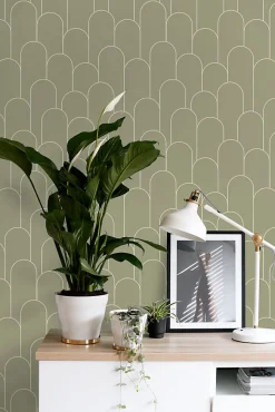 ESTAhome papier peint art déco vert kaki - 50 x 900 cm - 139655