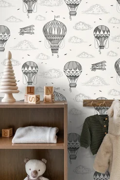 ESTAhome papier peint ballons à air chaud noir et blanc - 50 x 900 cm - 139715