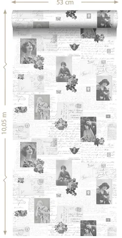 ESTAhome papier peint cartes postales anciennes vintage noir et blanc - 53 cm x 10.05 m - 138128