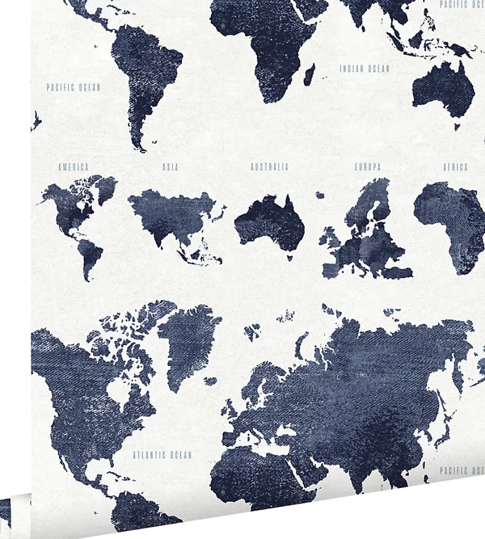 ESTAhome papier peint cartes du monde bleu foncé - 53 cm x 10.05 m - 138972