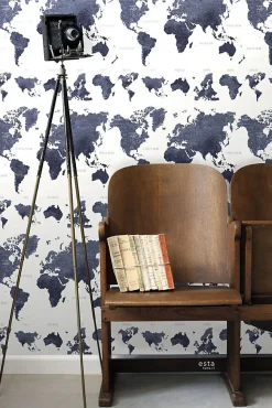 ESTAhome papier peint cartes du monde bleu foncé - 53 cm x 10.05 m - 138972