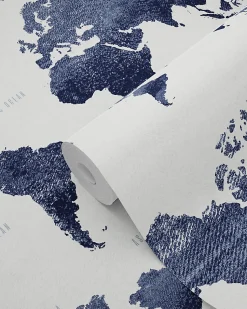 ESTAhome papier peint cartes du monde bleu foncé - 53 cm x 10.05 m - 138972