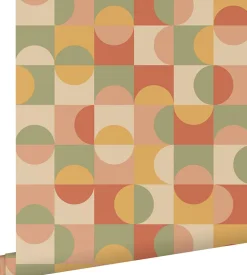 ESTAhome papier peint cercles de style Bauhaus terracotta, jaune, vert et beige - 50 x 900 cm - 130941