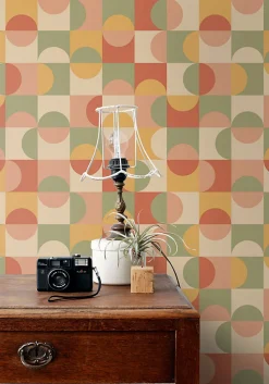ESTAhome papier peint cercles de style Bauhaus terracotta, jaune, vert et beige - 50 x 900 cm - 130941