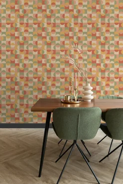 ESTAhome papier peint cercles de style Bauhaus terracotta, jaune, vert et beige - 50 x 900 cm - 130941