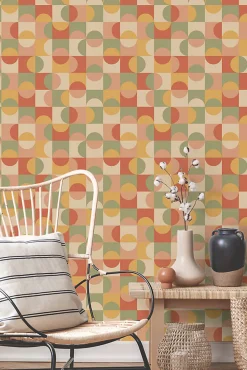ESTAhome papier peint cercles de style Bauhaus terracotta, jaune, vert et beige - 50 x 900 cm - 130941