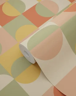 ESTAhome papier peint cercles de style Bauhaus terracotta, jaune, vert et beige - 50 x 900 cm - 130941