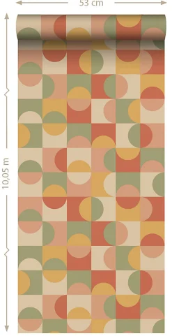 ESTAhome papier peint cercles de style Bauhaus terracotta, jaune, vert et beige - 50 x 900 cm - 130941