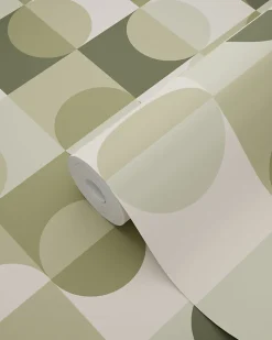 ESTAhome papier peint cercles de style Bauhaus vert grisé et beige - 50 x 900 cm - 130940