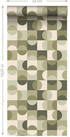ESTAhome papier peint cercles de style Bauhaus vert grisé et beige - 50 x 900 cm - 130940