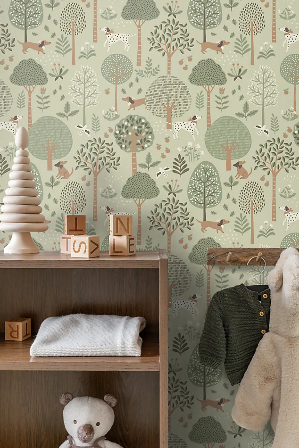 ESTAhome papier peint chiens vert menthe grisé - 53 cm x 10.05 m - 139712