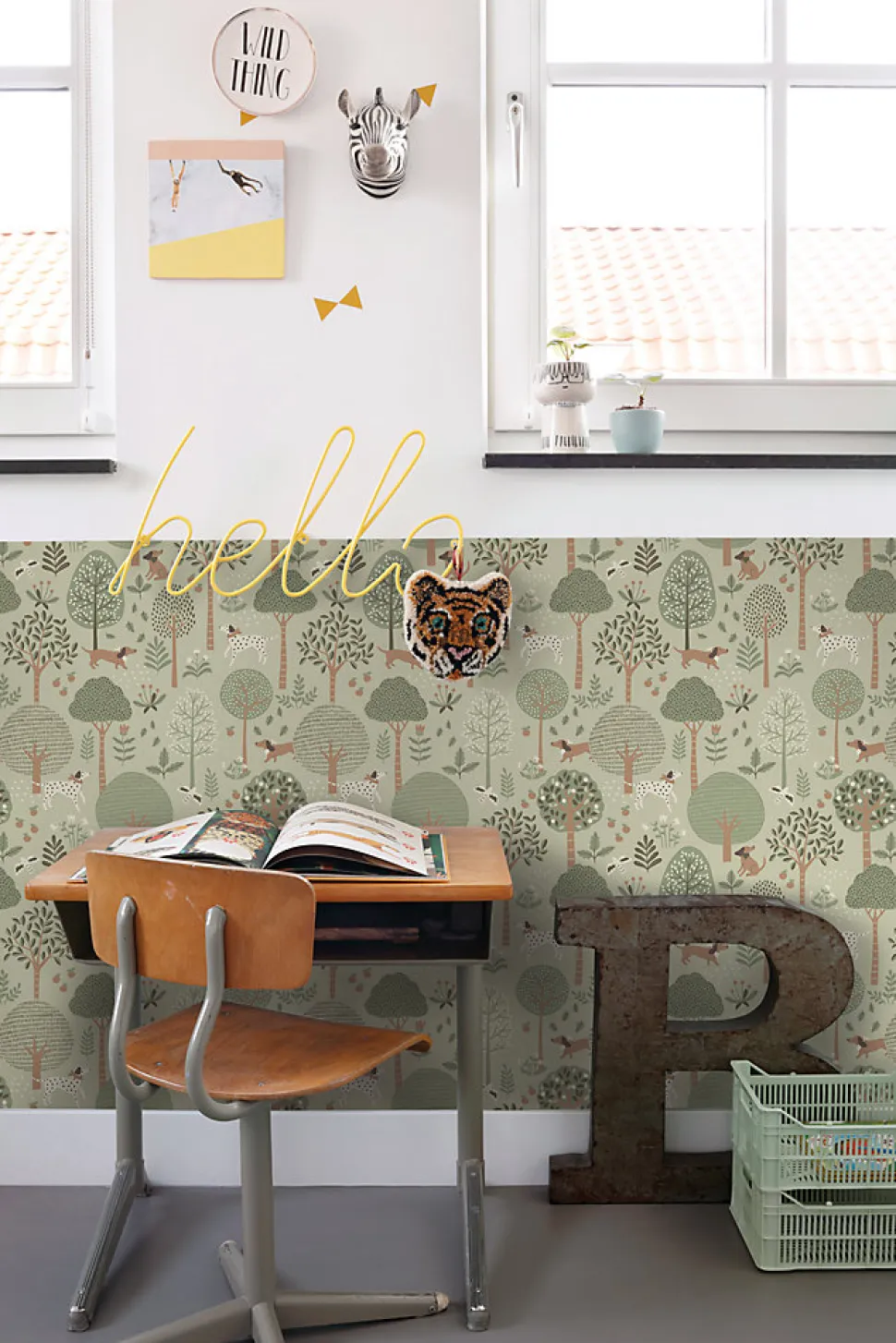ESTAhome papier peint chiens vert menthe grisé - 53 cm x 10.05 m - 139712