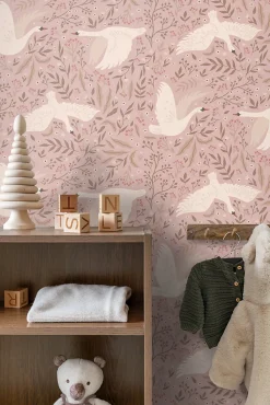 ESTAhome papier peint cygnes vieux rose - 53 cm x 10.05 m - 130958