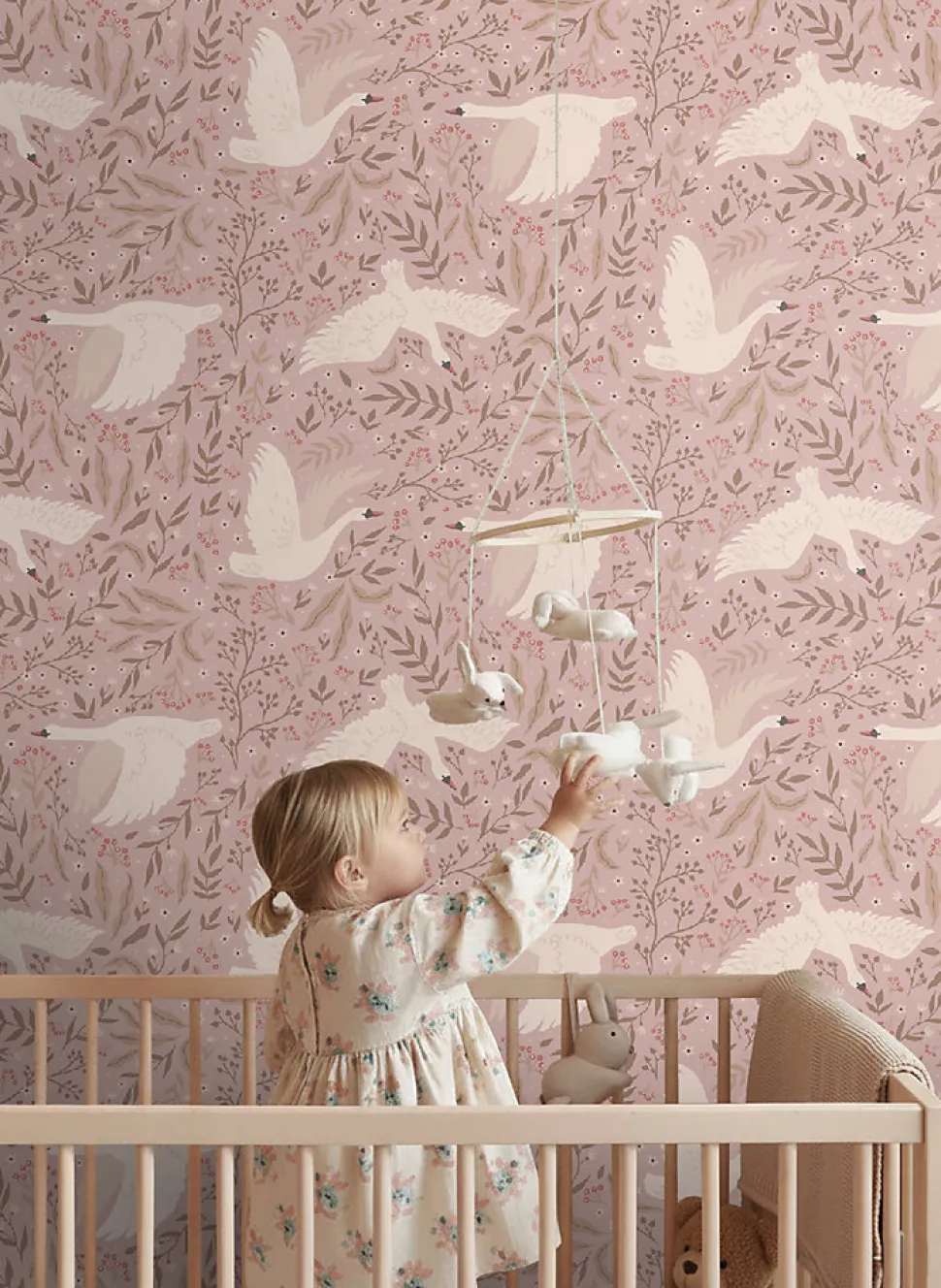 ESTAhome papier peint cygnes vieux rose - 53 cm x 10.05 m - 130958