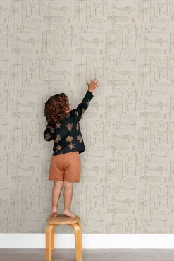 ESTAhome papier peint dessins de construction d'avions beige et couleur sable - 50 x 900 cm - 139959