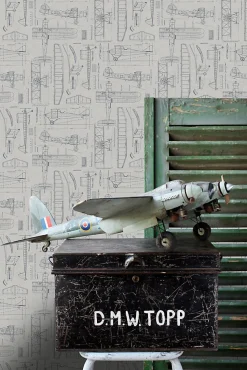 ESTAhome papier peint dessins de construction d'avions taupe et bleu grisâtre - 53 cm x 10.05 m - 139960