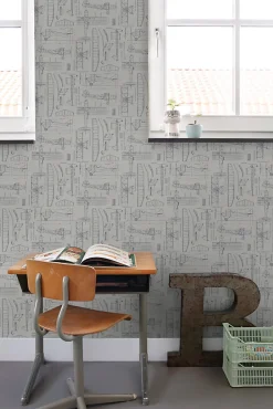 ESTAhome papier peint dessins de construction d'avions taupe et bleu grisâtre - 53 cm x 10.05 m - 139960