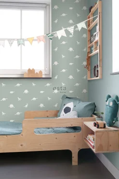 ESTAhome papier peint dinosaures vert menthe grisé - 53 cm x 10.05 m - 139284
