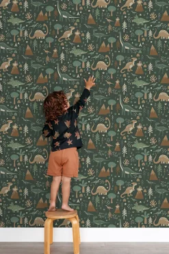 ESTAhome papier peint dinosaures vert foncé et marron - 50 x 900 cm - 139802
