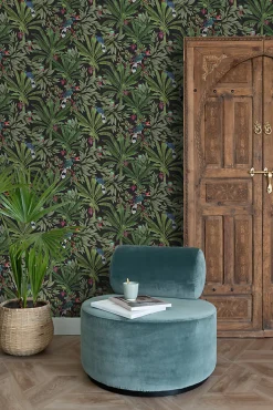 ESTAhome papier peint feuilles tropicales noir et vert jungle - 53 cm x 10.05 m - 139190