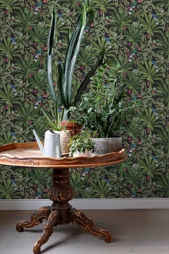 ESTAhome papier peint feuilles tropicales noir et vert jungle - 53 cm x 10.05 m - 139190