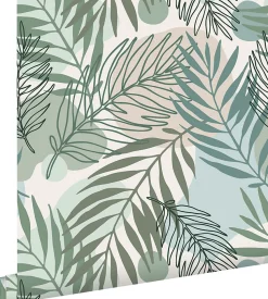 ESTAhome papier peint feuilles vert et bleu - 50 x 900 cm - 139820