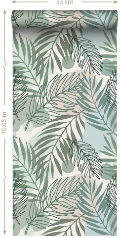 ESTAhome papier peint feuilles vert et bleu - 50 x 900 cm - 139820