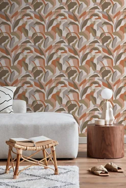 ESTAhome papier peint feuilles tropicales terracotta, marron et beige - 50 x 900 cm - 139943