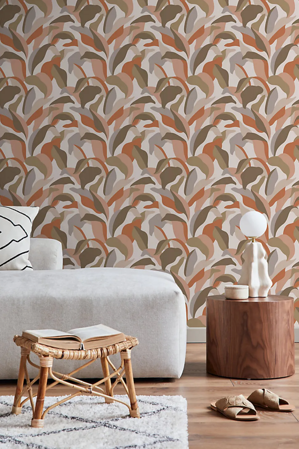 ESTAhome papier peint feuilles tropicales terracotta, marron et beige - 50 x 900 cm - 139943