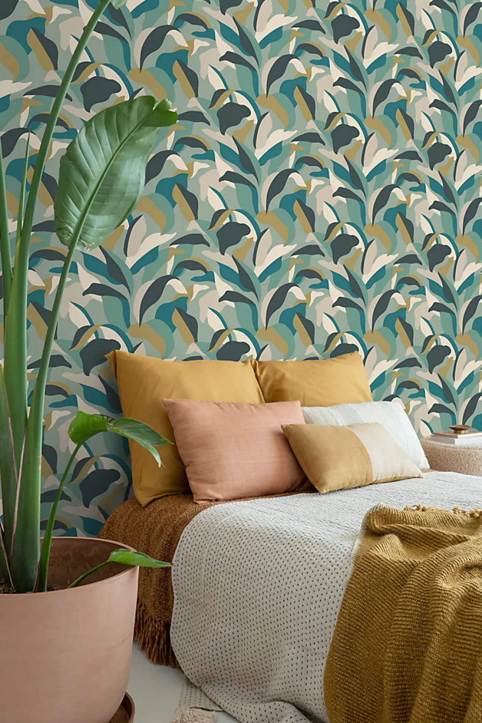 ESTAhome papier peint feuilles tropicales bleu canard et bleu canard - 50 x 900 cm - 139942