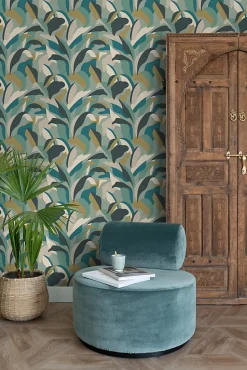 ESTAhome papier peint feuilles tropicales bleu canard et bleu canard - 50 x 900 cm - 139942