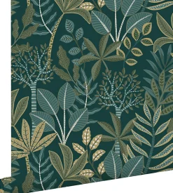 ESTAhome papier peint feuilles bleu foncé et vert - 50 x 900 cm - 139681