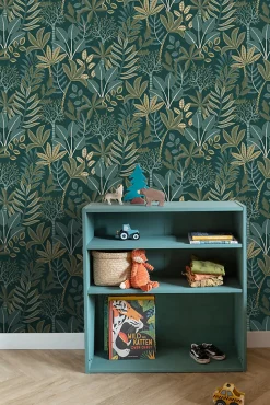 ESTAhome papier peint feuilles bleu foncé et vert - 50 x 900 cm - 139681