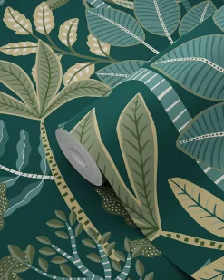 ESTAhome papier peint feuilles bleu foncé et vert - 50 x 900 cm - 139681