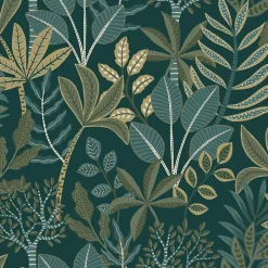 ESTAhome papier peint feuilles bleu foncé et vert - 50 x 900 cm - 139681