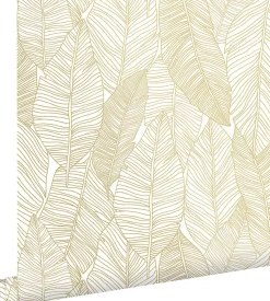 ESTAhome papier peint feuilles dessinées blanc et or - 53 cm x 10.05 m - 139125