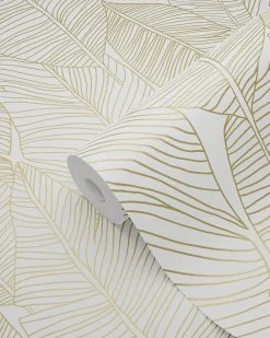 ESTAhome papier peint feuilles dessinées blanc et or - 53 cm x 10.05 m - 139125