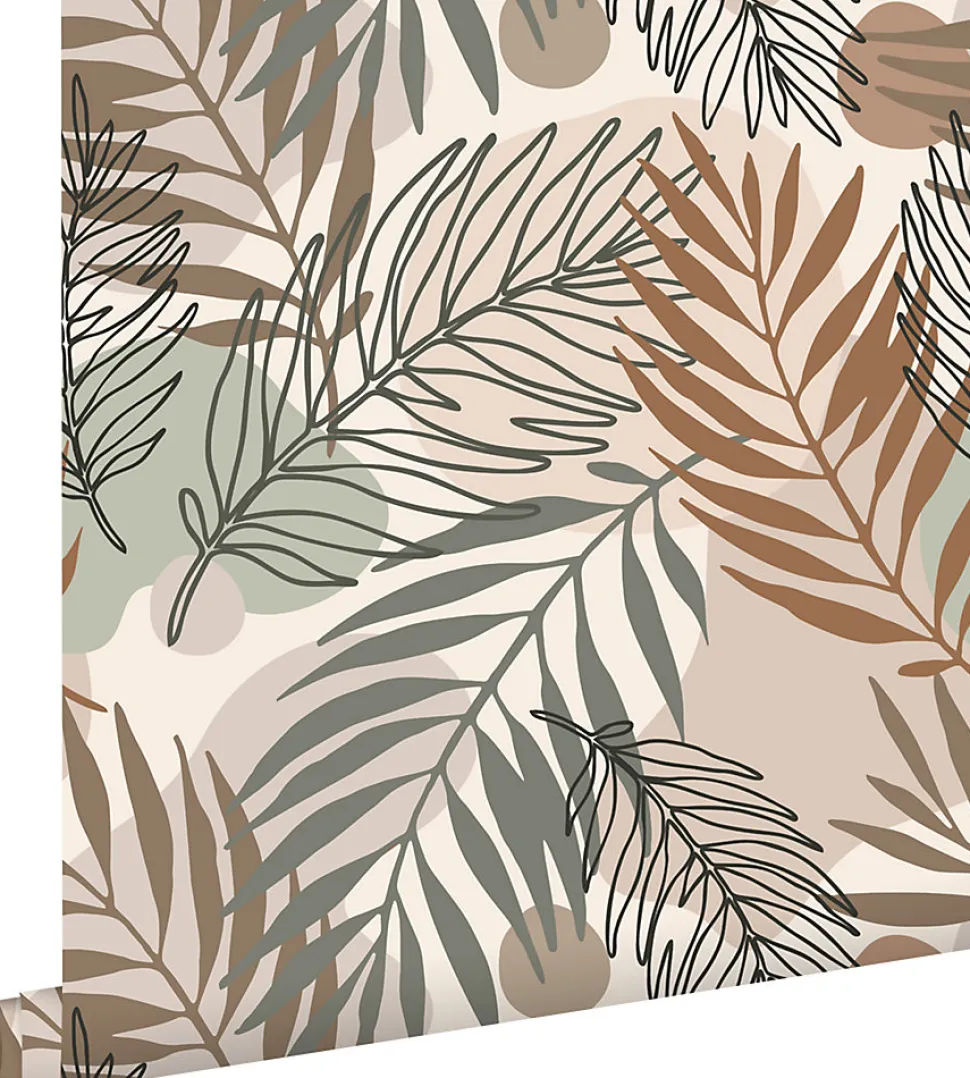 ESTAhome papier peint feuilles beige et vert grisé - 50 x 900 cm - 139822