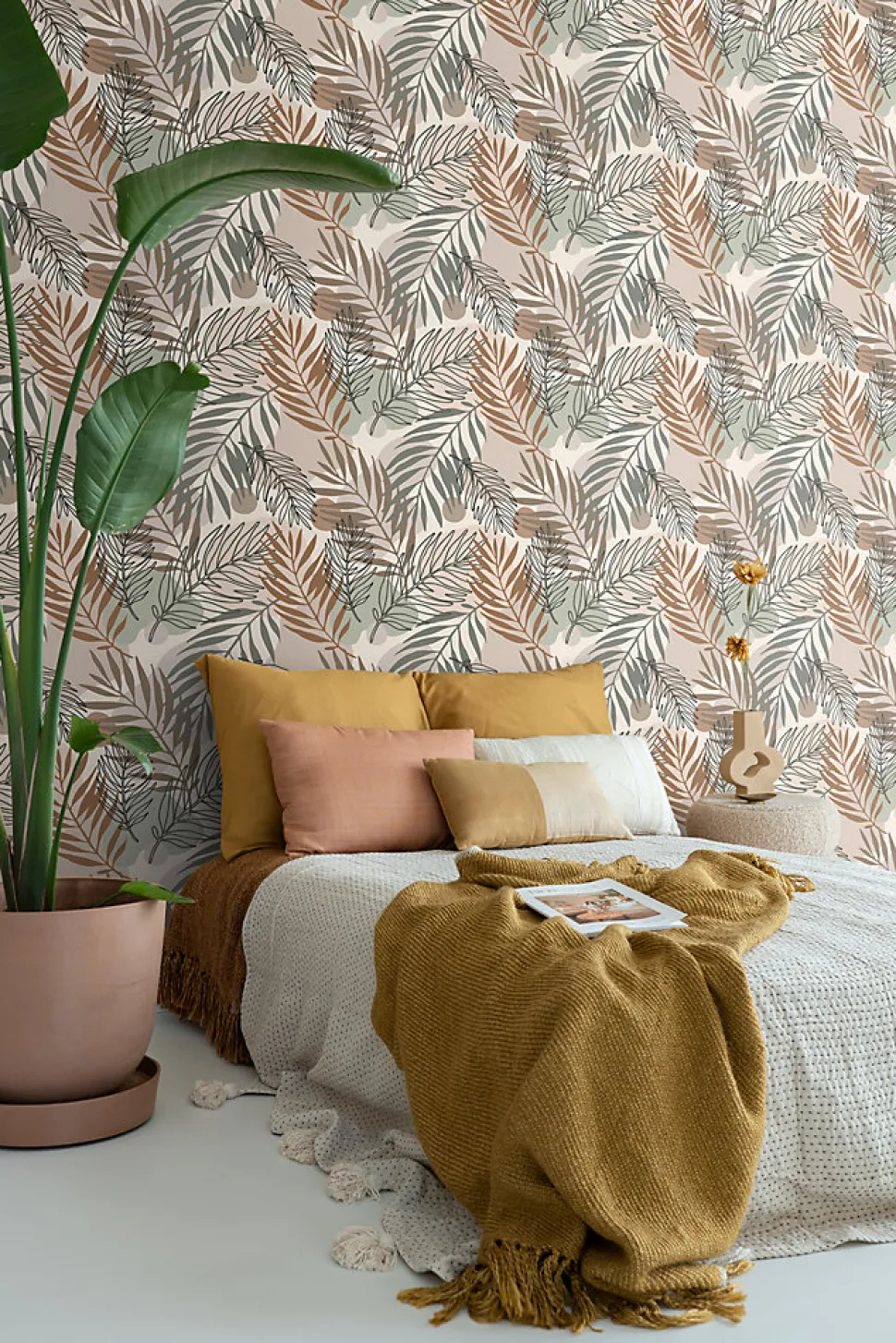 ESTAhome papier peint feuilles beige et vert grisé - 50 x 900 cm - 139822