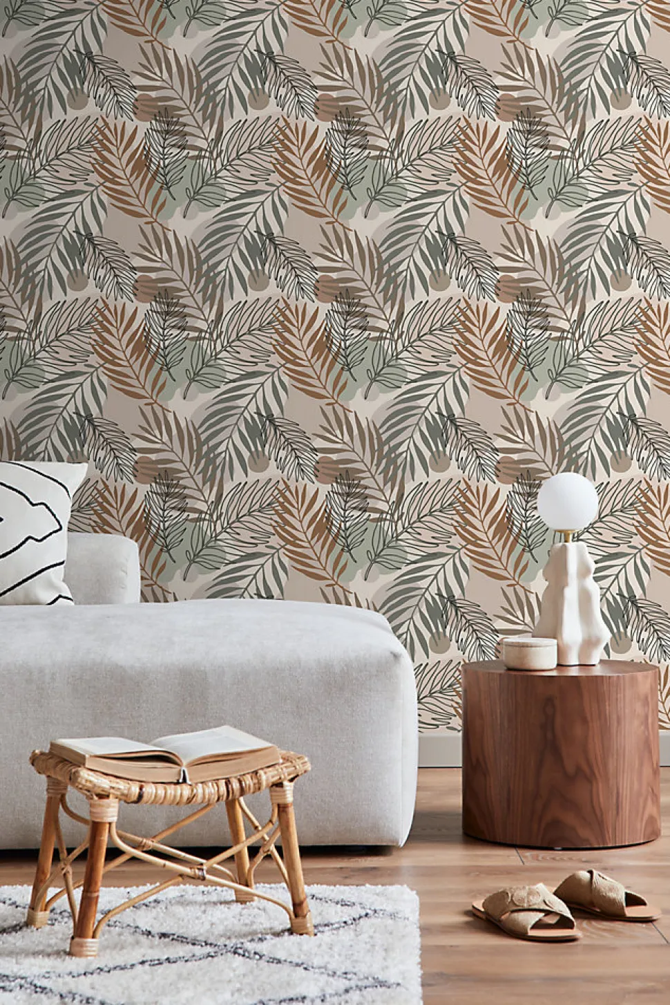 ESTAhome papier peint feuilles beige et vert grisé - 50 x 900 cm - 139822
