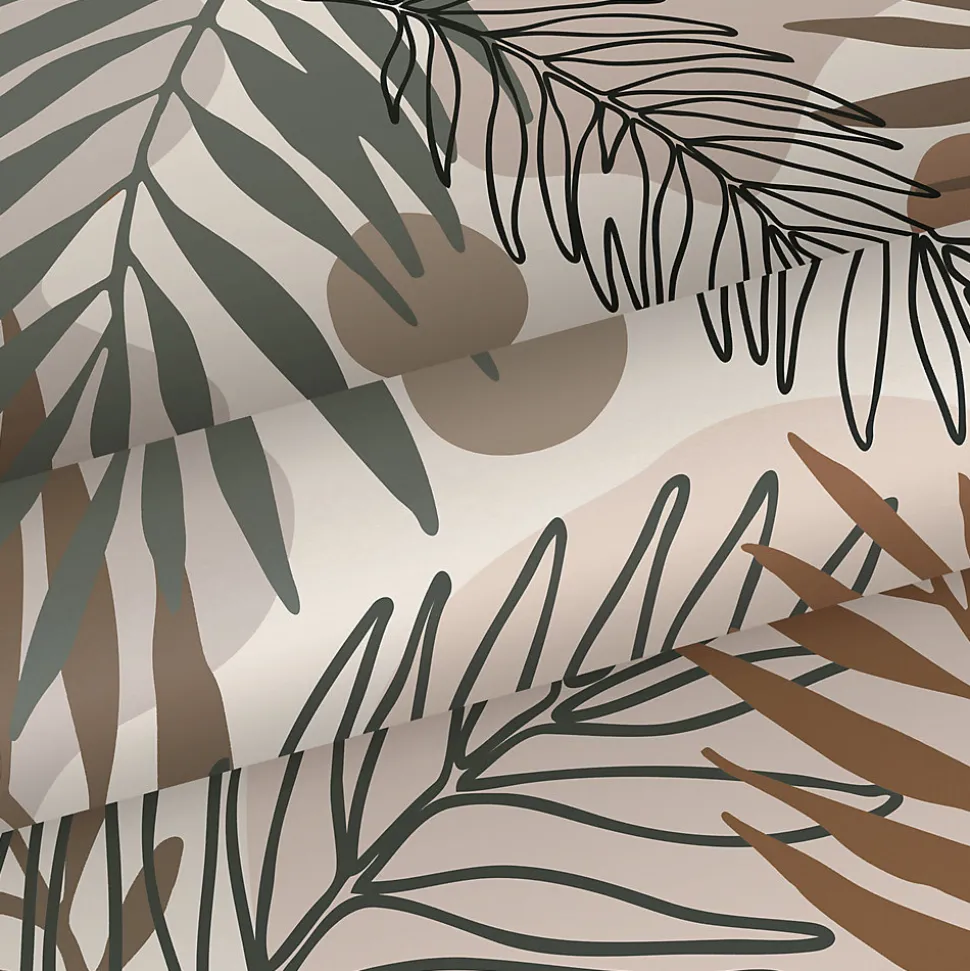 ESTAhome papier peint feuilles beige et vert grisé - 50 x 900 cm - 139822