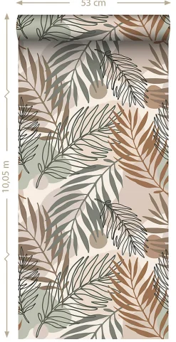 ESTAhome papier peint feuilles beige et vert grisé - 50 x 900 cm - 139822