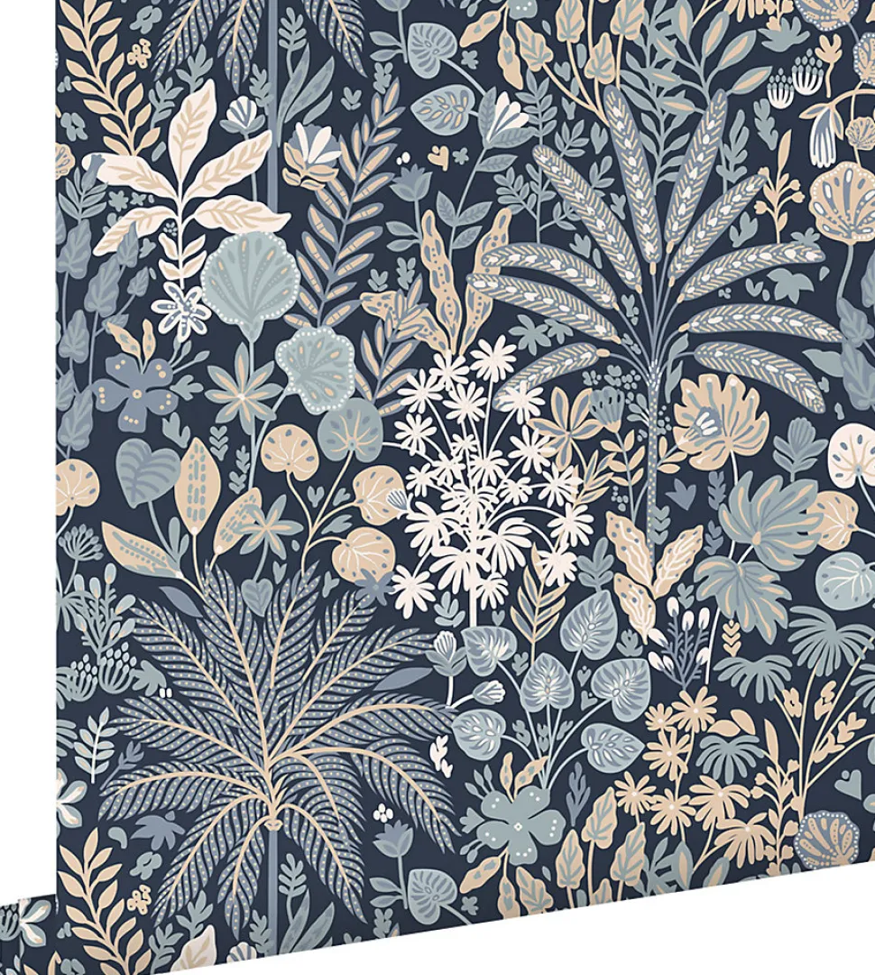ESTAhome papier peint feuilles et fleurs tropicales bleu gris et beige - 0.53 x 10.05 m - 130948